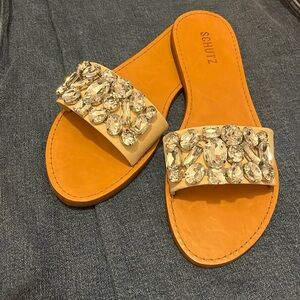 Embellished slide on “Jolie” flat  Schutz sandal with eggshell strap